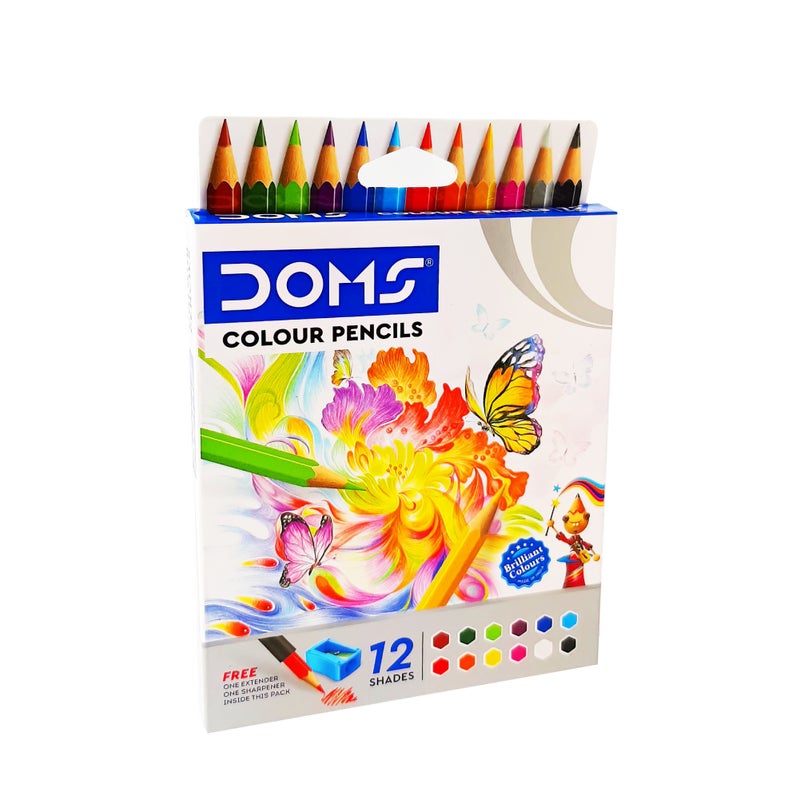 Colour Pencil Set 12 Shades, Half Size 8.5cm, with Sharpener & Extender